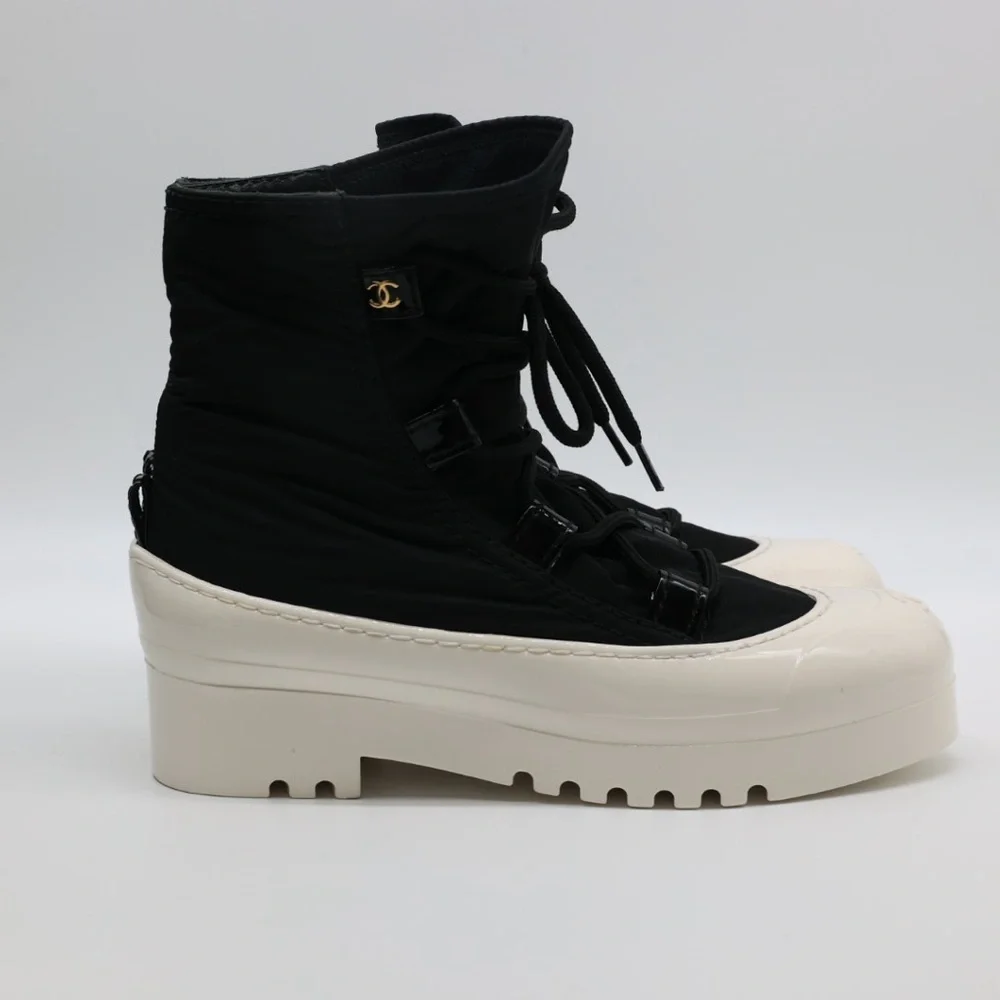 CHANEL Black Nylon Ankle Boots with White Rubber Sole size 38